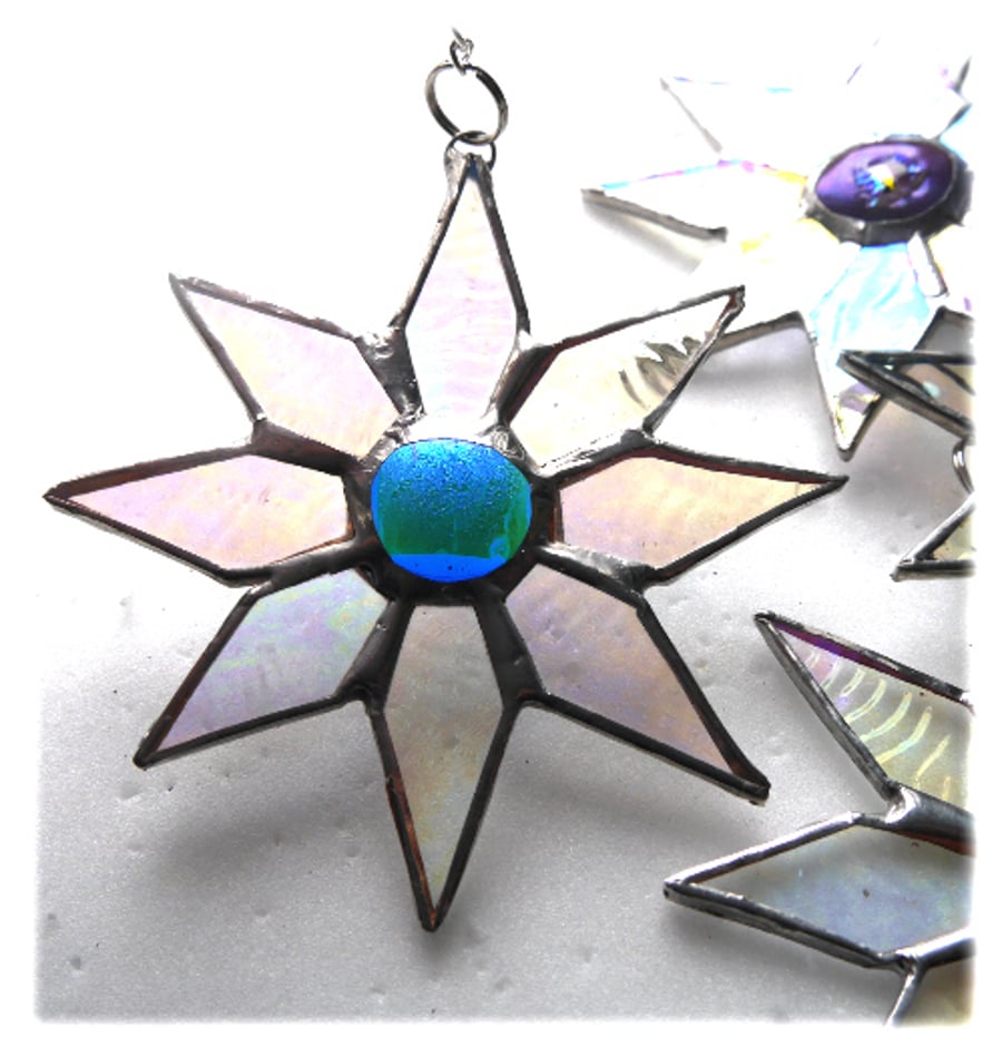 SOLD Shiny Star Suncatcher Stained Glass Dichroic Teal Handmade 008