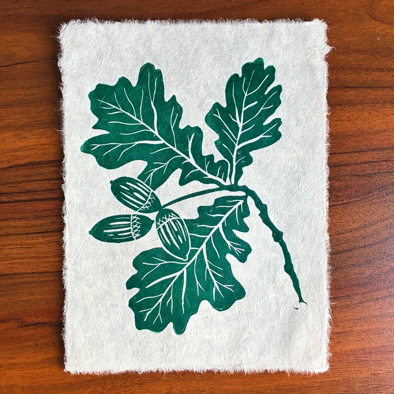 PERFECTLY IMPERFECT Oak leaf and acorn original linocut print in forest green