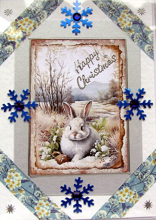 Hand Crafted Decoupage Chistmas Card - Happy Christmas (2721) - Rabbit in Snow