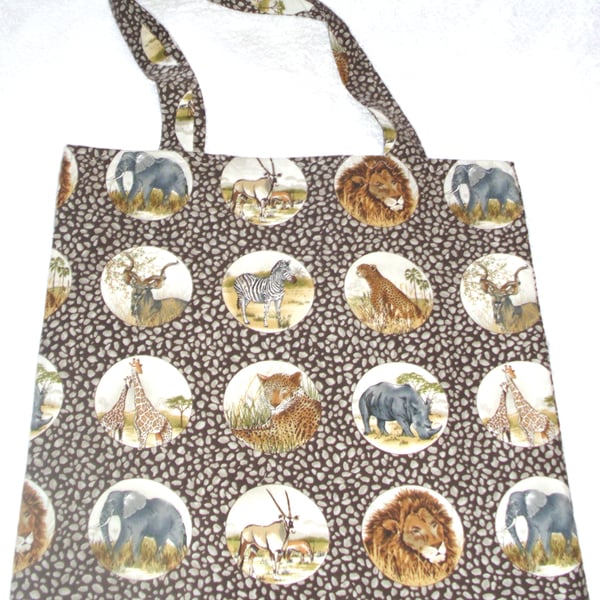 On Safari Wild Animals on brown shopping bag, Tote bag