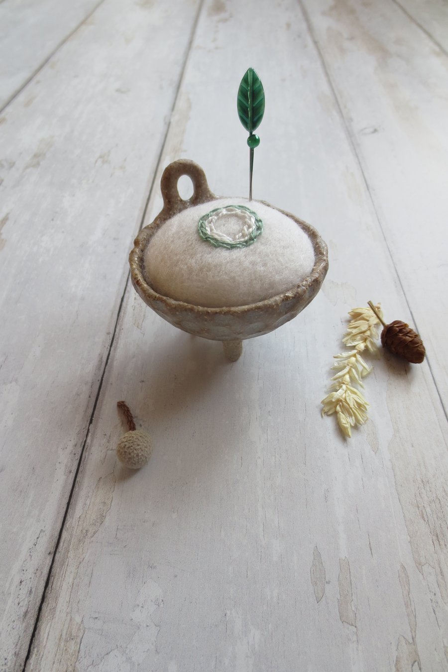 Handmade pottery tripod dish with felt pin cushion