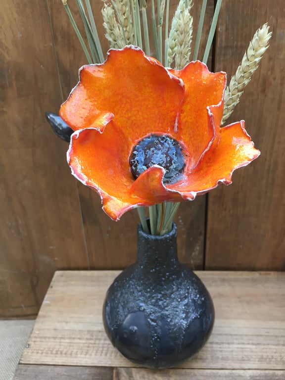 Ceramic Poppy - single stem Orange flower, for arrangement and bouquet keepsake