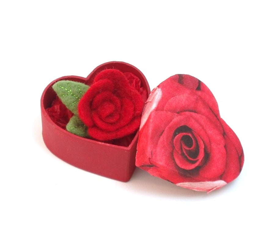 Valentine Rose. Handmade red rose felt flower brooch in heart shaped gift box.