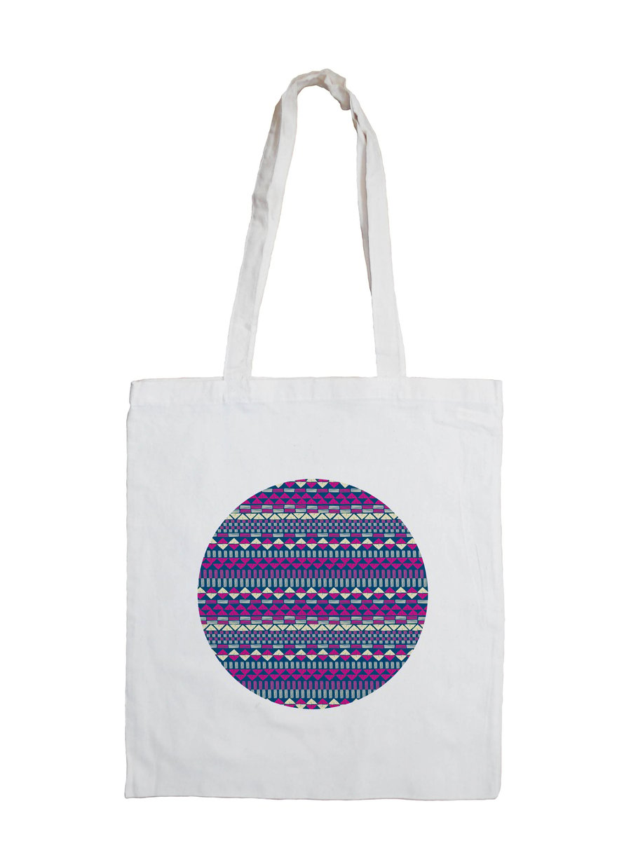 Aztec Circle Cotton Tote Bag with Fair Isle Pattern