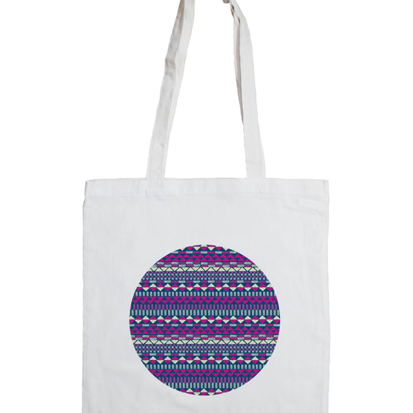 Aztec Circle Cotton Tote Bag with Fair Isle Pattern