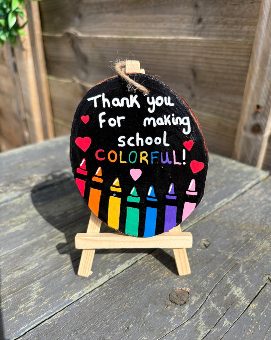 Hand Painted Crayon Teacher Hanging Ornament on Wood Slice