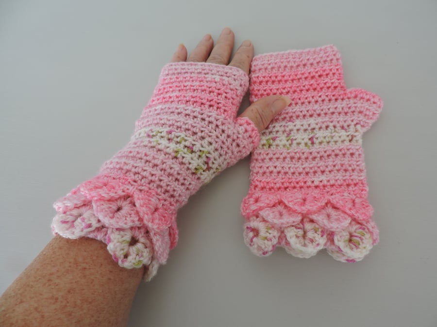 Dragon Scale Cuffs Fingerless Mitts Pink White and Green