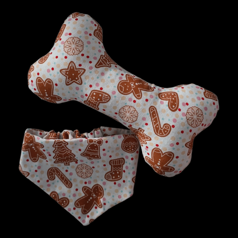 Christmas gingerbread personalised dog bandana with matching toy bone size S