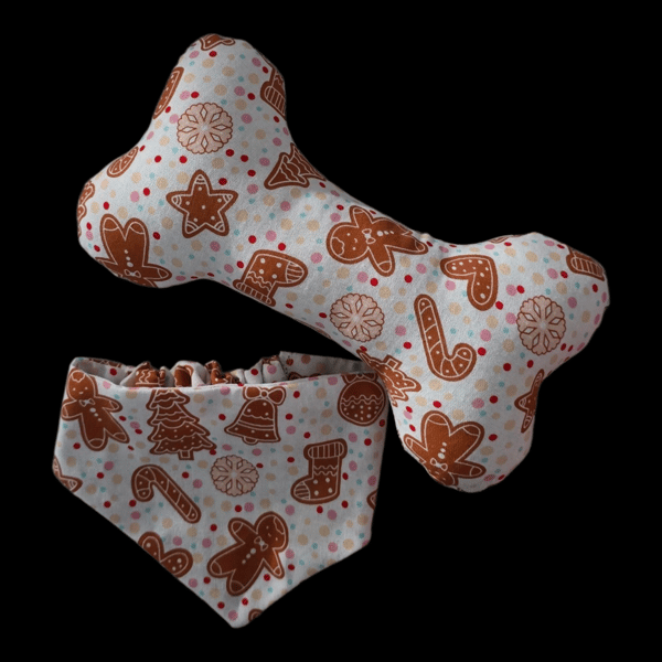 Christmas gingerbread personalised dog bandana with matching toy bone size S