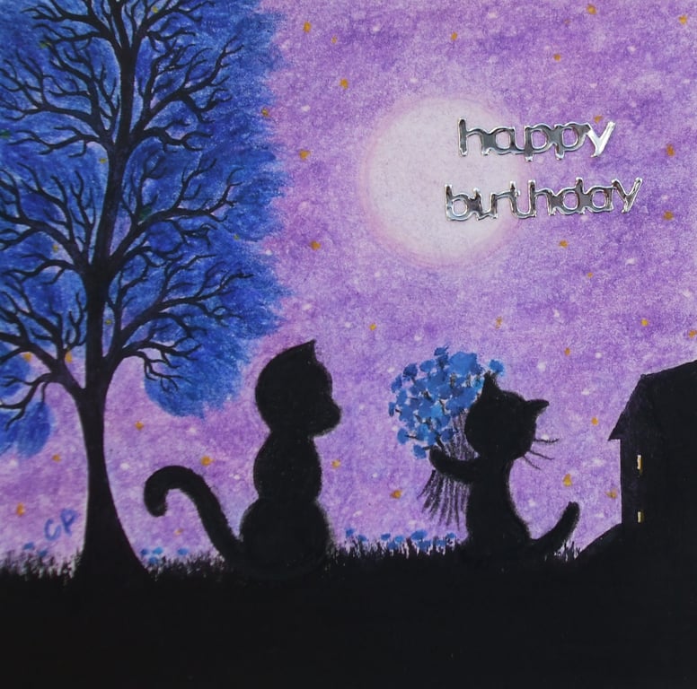 Birthday Cat Card, Mother Daughter Art Card, Purple Floweres Tree Moon, Kitten
