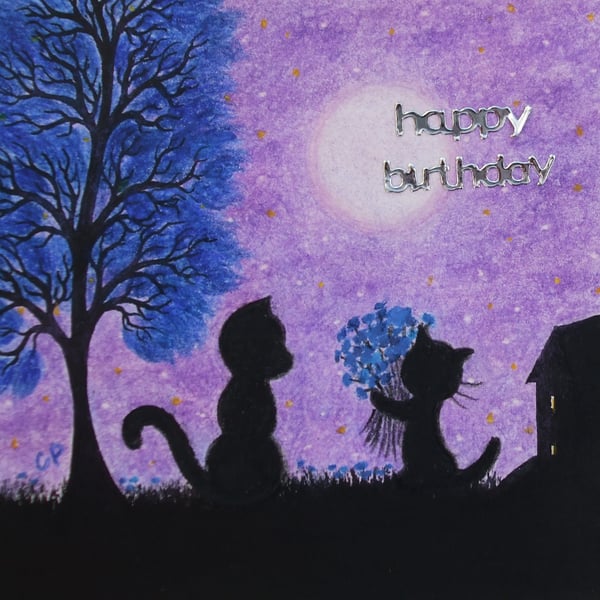 Birthday Card Cat: Birthday Art Card, Black Cats Card, Birthday Cat Flowers Card