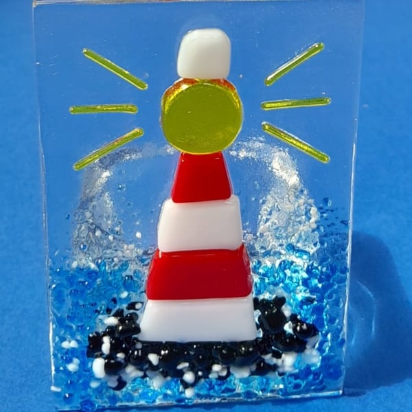 Fused Glass Red and White Lighthouse Tealight Candle Holder