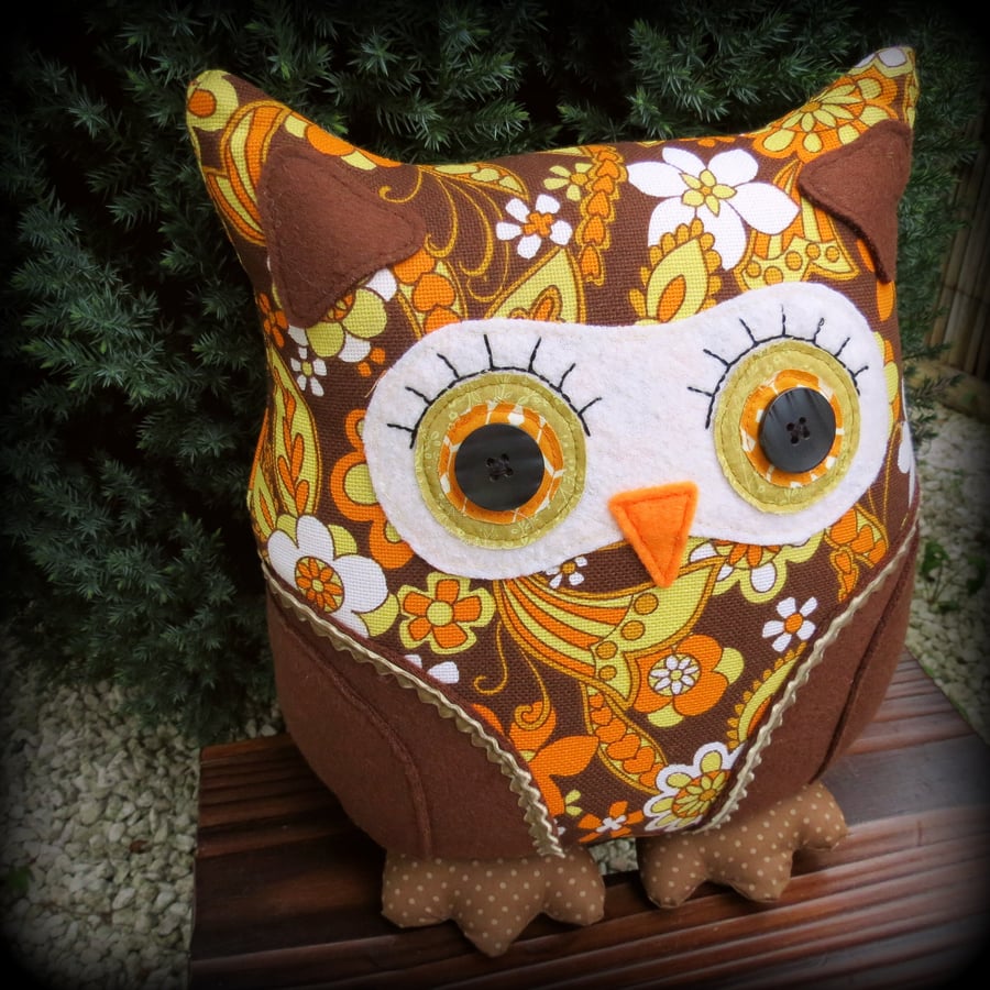 Marigold, a 36cm tall owl cushion.  14 inches tall.