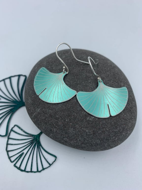 Teal ginkgo leaf aluminium earrings