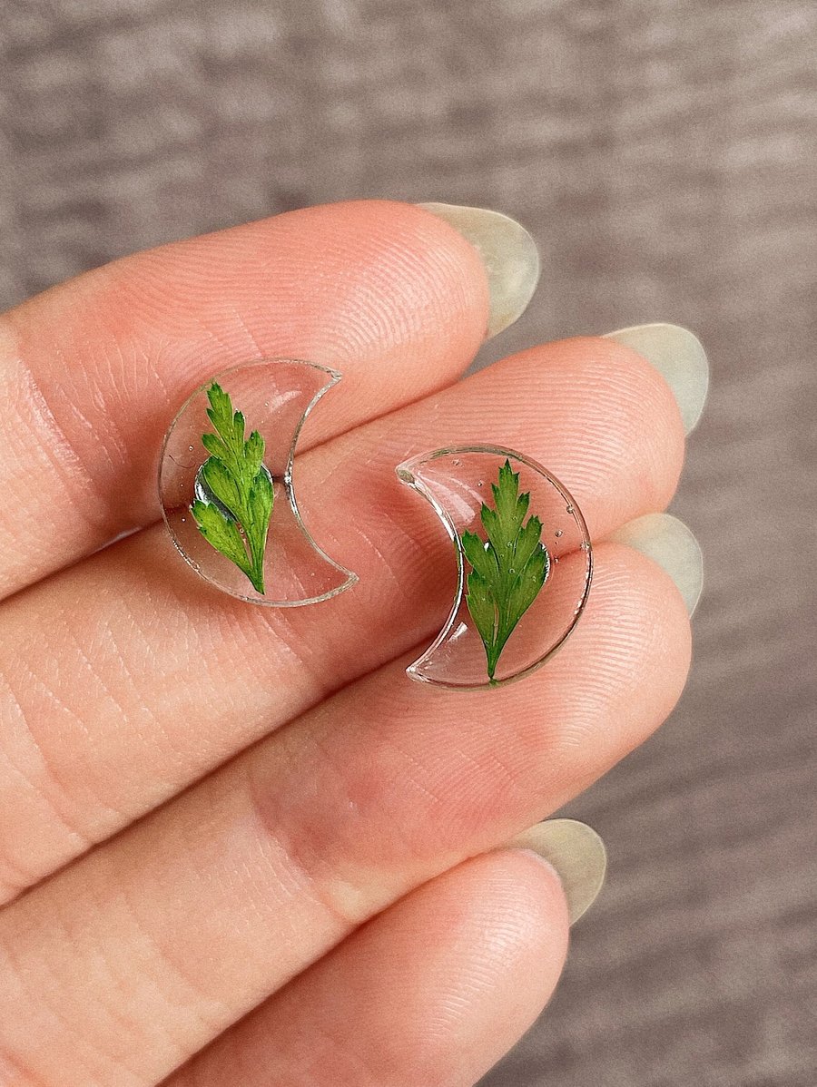 Handmade preserved fern moon resin earrings, natural flower jewellery