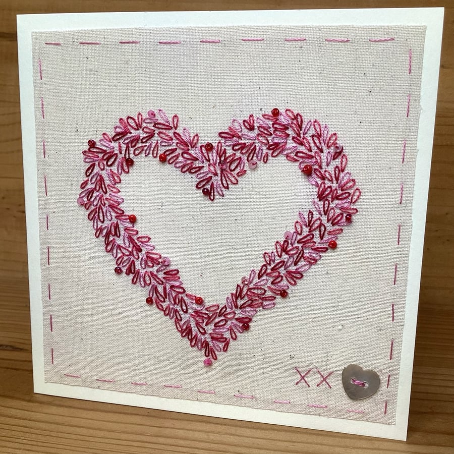 Beaded heart hand embroidered Valentine’s card 