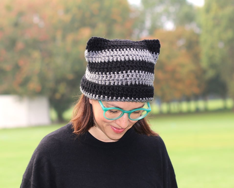 Cat Ear Hat, Crochet Striped Hat, Grey and Black