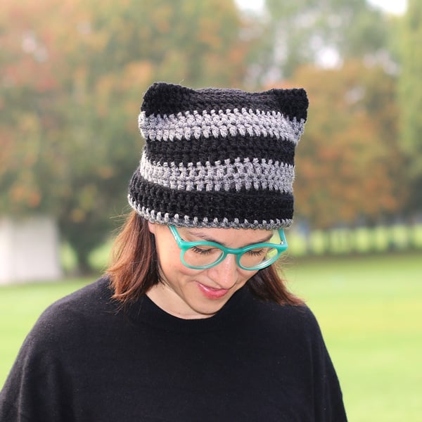 Cat Ear Hat, Crochet Striped Hat, Grey and Black