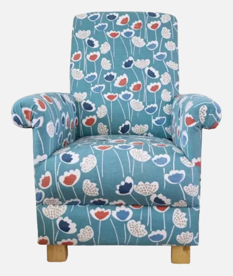 Blue Floral Armchair Accent Adult Chair Small Bedroom Botanical Flowers Pretty