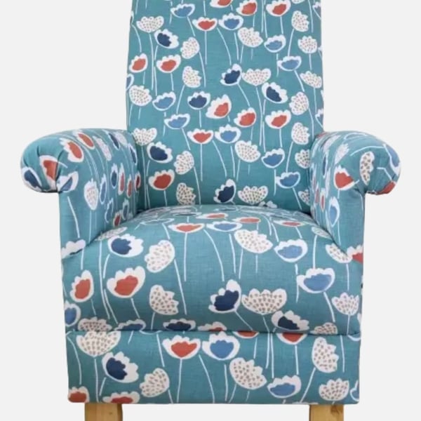 Blue Floral Armchair Accent Adult Chair Small Bedroom Botanical Flowers Pretty