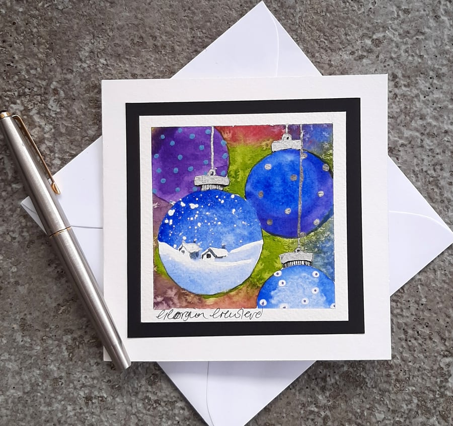 Christmas Card. Bauble Christmas Decorations Stationery. Handpainted Watercolour