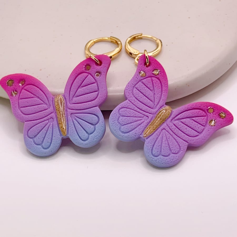 Butterfly hoop earrings for her, Pastel clay jewellery for everyday wear