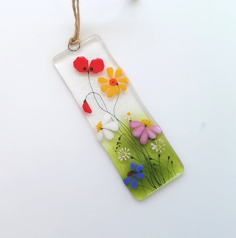 Meadow suncatcher, fused glass hanger, poppies and daisies, thank you gift. 