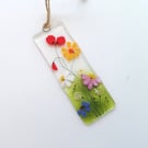 Meadow suncatcher, fused glass hanger, poppies and daisies, thank you gift. 