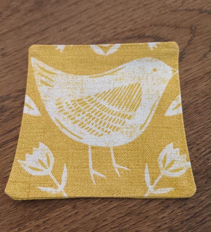 Yellow Ochre Drinks Coasters Pack of 2. Bird, Floral Scandi Style. Free Delivery