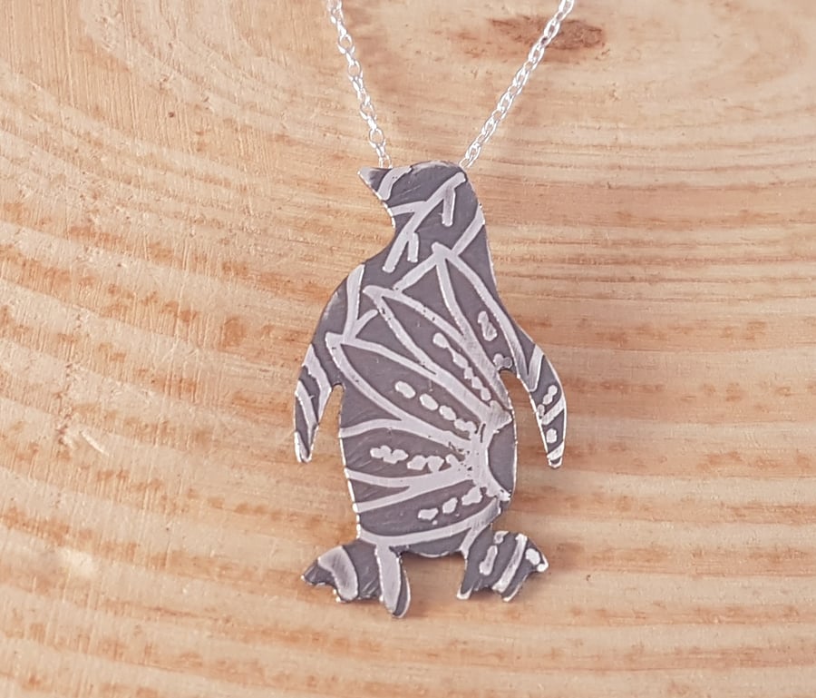 Sterling Silver Etched Penguin Necklace