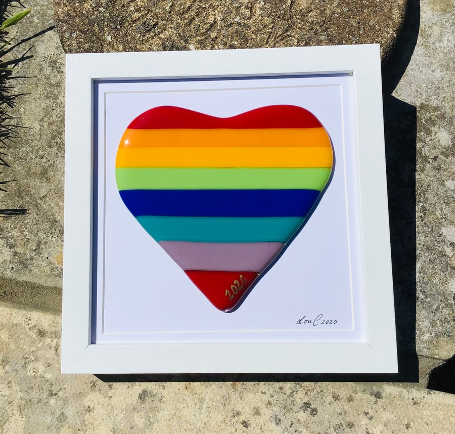 Fused glass rainbow heart in frame