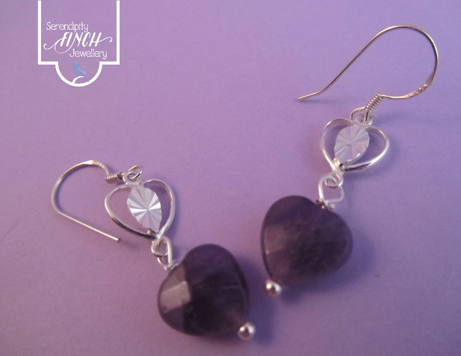 Purple Amethyst Heart Earrings with Silver, Heart Earrings