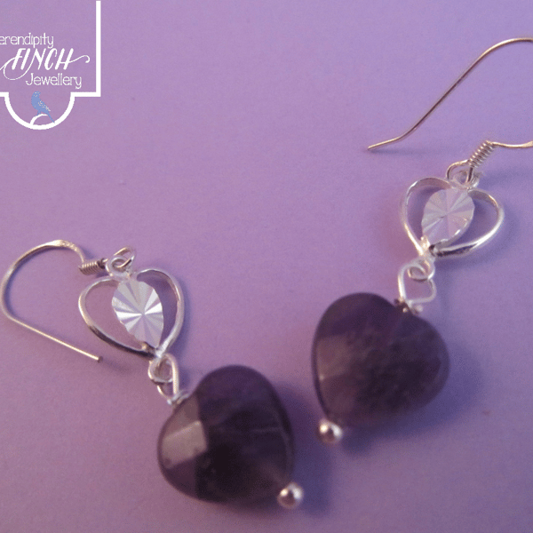 Purple Amethyst Heart Earrings with Silver, Heart Earrings