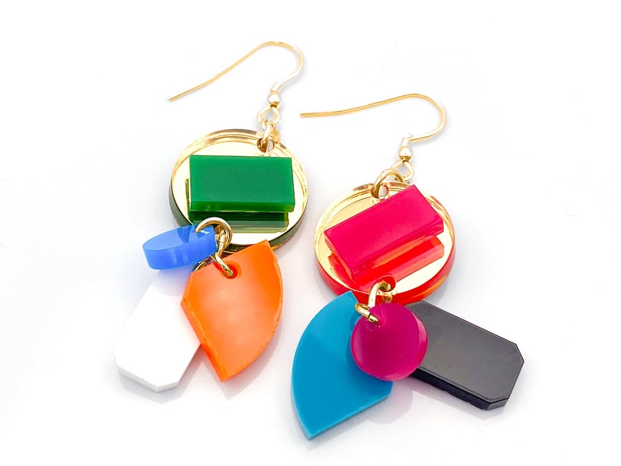 Eclectic Earrings - Colourful Gold Maximalist Drop Earrings with a 90s Flair