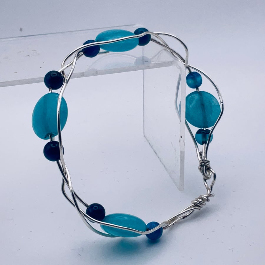 Beautiful agate duck egg blue  and silver bangle