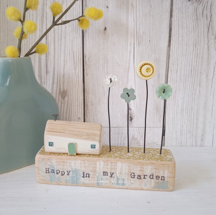 SALE - Little Wooden House with Clay and Button Flowers 'Happy in my Garden'
