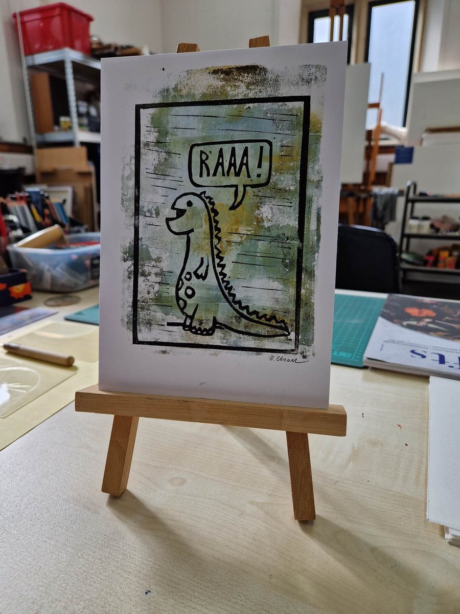 Raaa! dinosaur. Gelli plate and lino print. A5 hand printed.
