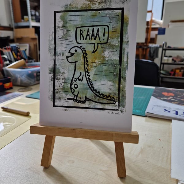 Raaa! dinosaur. Gelli plate and lino print. A5 hand printed.