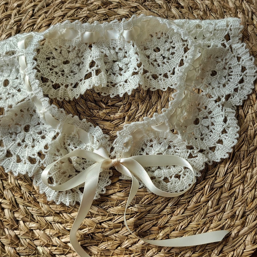 Ivory Crochet Lace Collar, Detachable Floral Collar, Satin Ribbon Tie