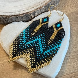 Gold black and turquoise Egyptian style beaded fringe earrings
