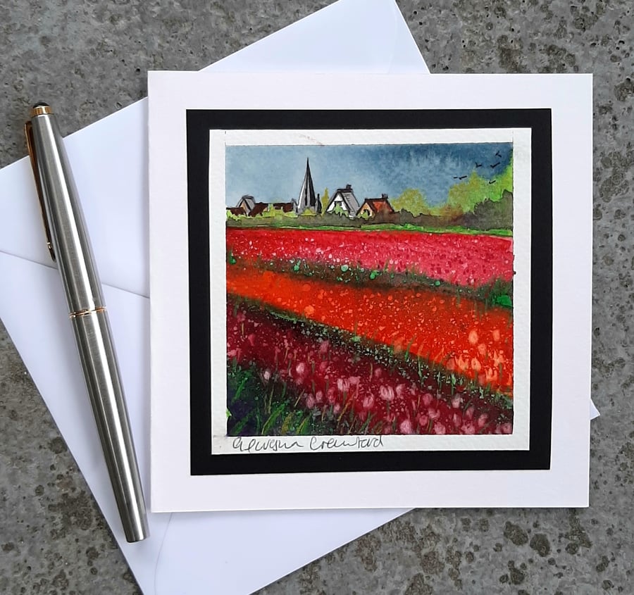 Tulip Fields. Blank Card. Notelet. Handpainted Card Of Red And Orange Flowers