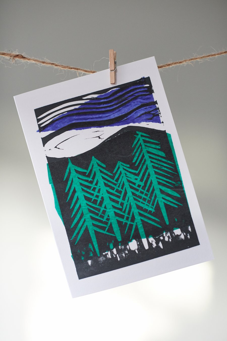 'pine trees' card from original linocut