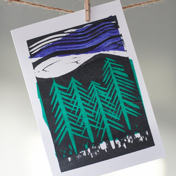 'pine trees' card from original linocut