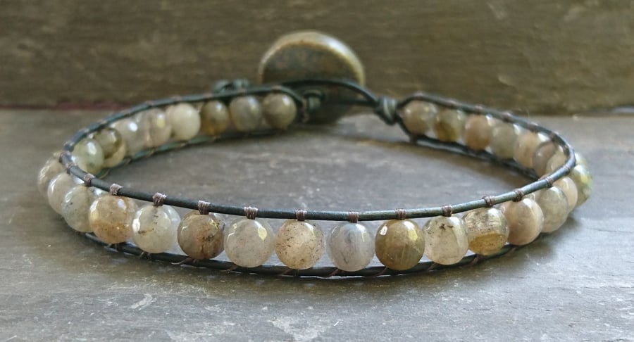 Labradorite beaded leather bracelet with ceramic button, semi precious 