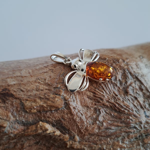 Amber Cognac Bee and Sterling Silver Necklace. Wildlife, Bee, Animal