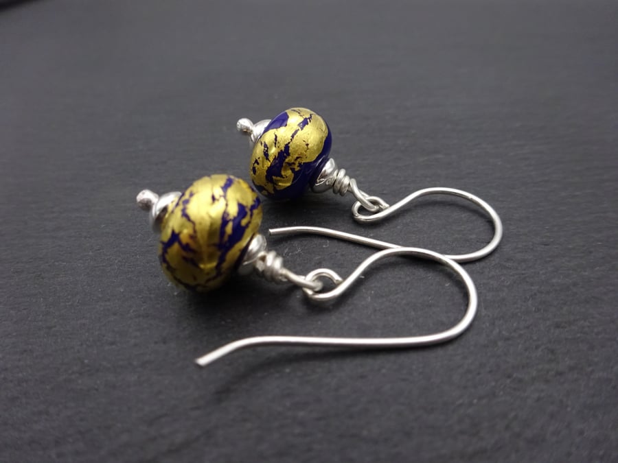 lampwork glass earrings, blue and gold leaf