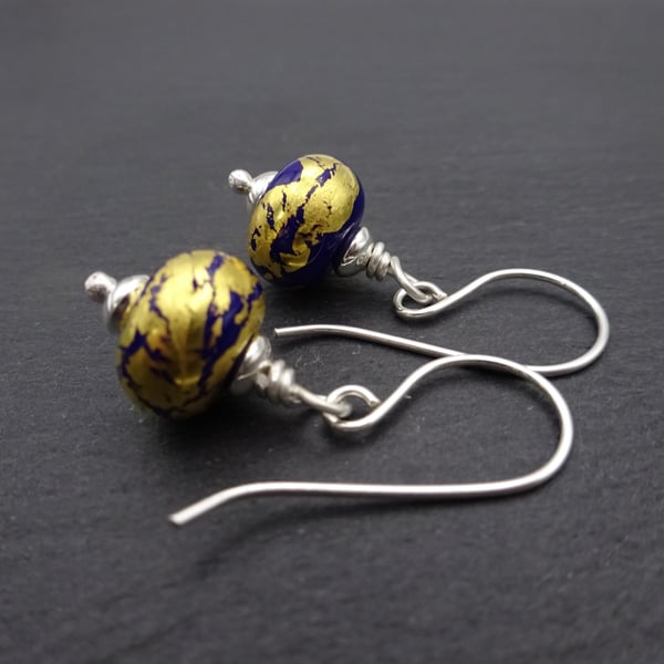 lampwork glass earrings, blue and gold leaf