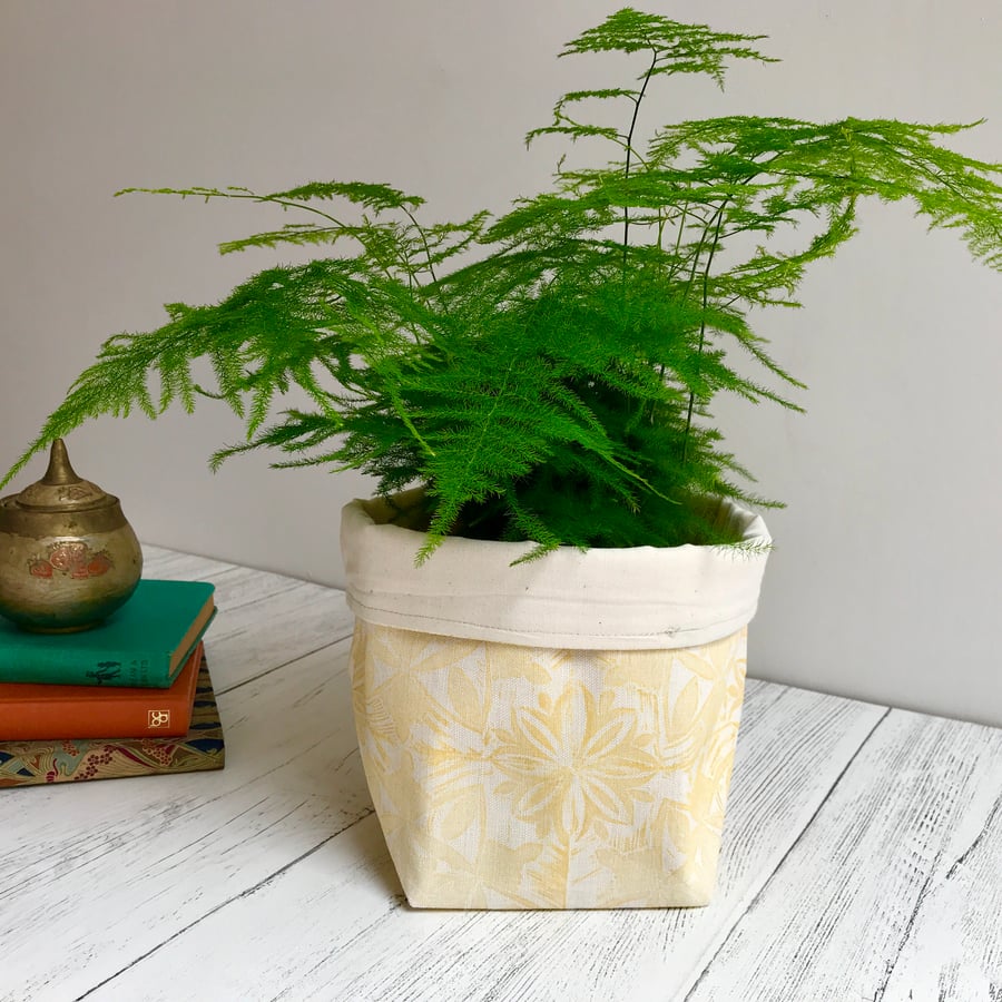Hand Printed Linen Storage Basket, Storage Pot, Plant Pot - Ochre Yellow