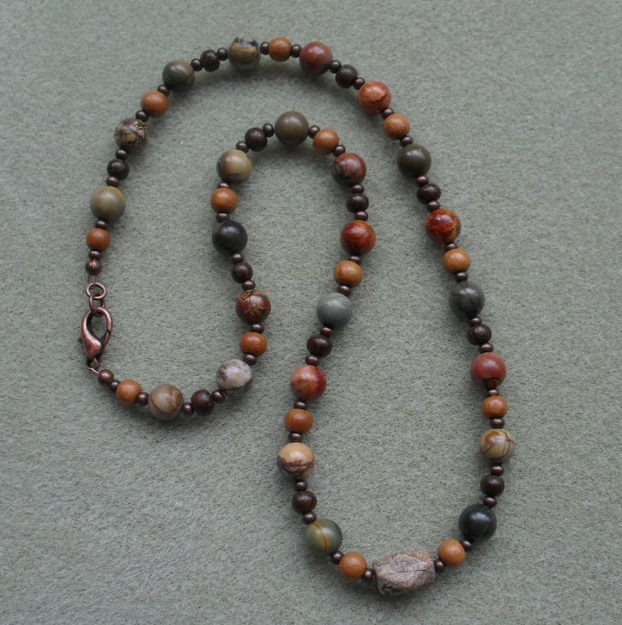 Jasper and Wood Beaded Necklace Antique Copper Tone