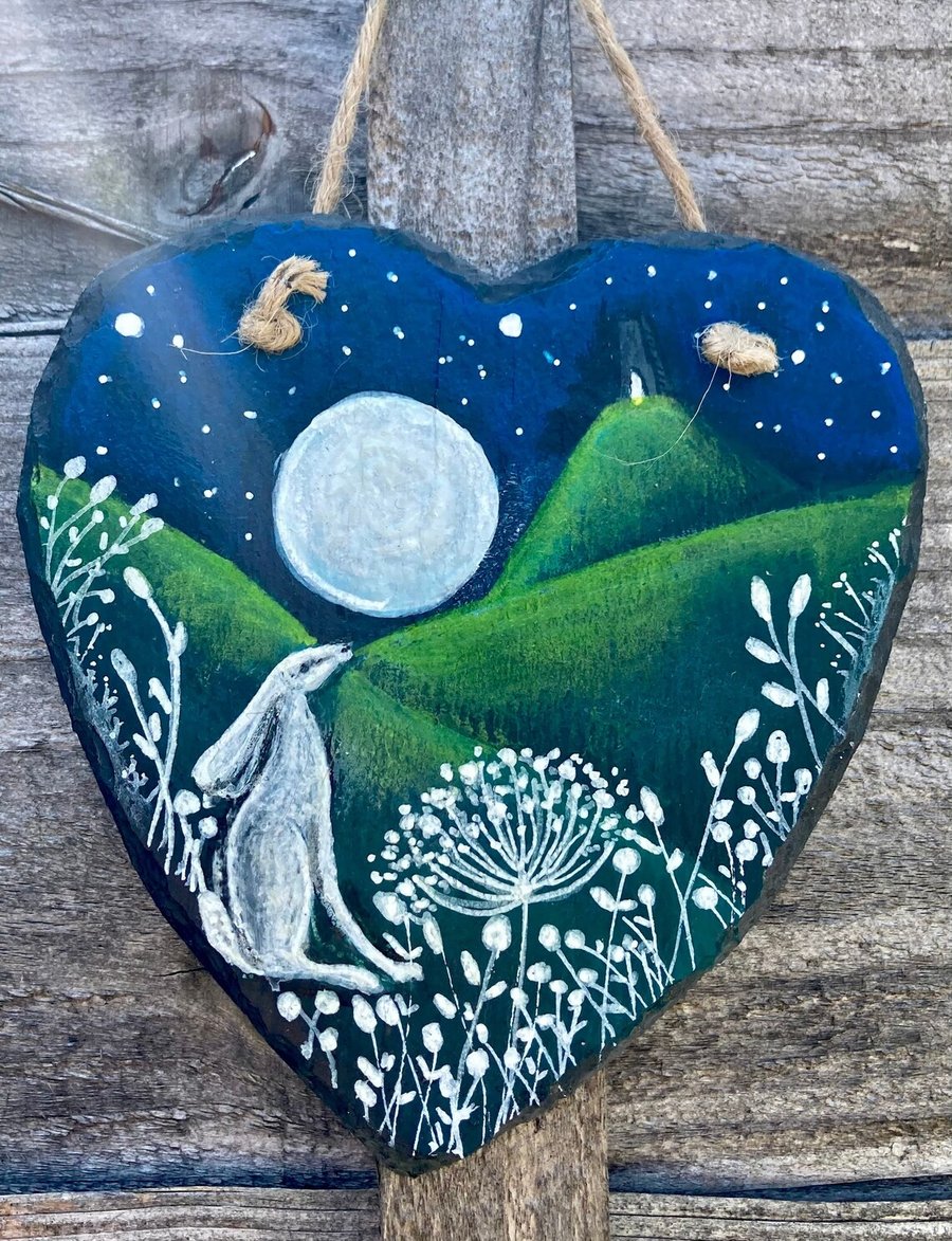 Moon Gazing White Hare & Glastonbury Tor Hand Painted Slate Hanging Decoration